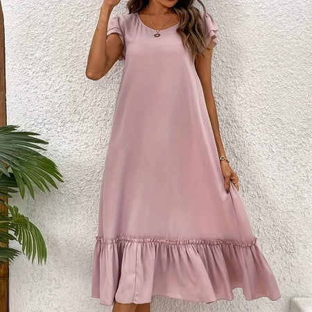 Ftwytp Women s Fashion Comfort Solid Color Tie Irregular Short Sleeve Turndown Collar Dress Plus Size Skirts For Women s Tennis Dress Summer Mini Skater Dress Red Lingerie Dress Pink