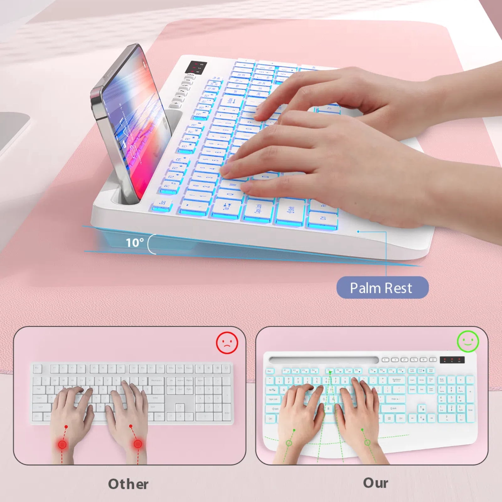 Wagpak Wireless Keyboard 7 Color Backlit Wrist Rest Rechargeable 112 Keys Quiet Keyboard-White