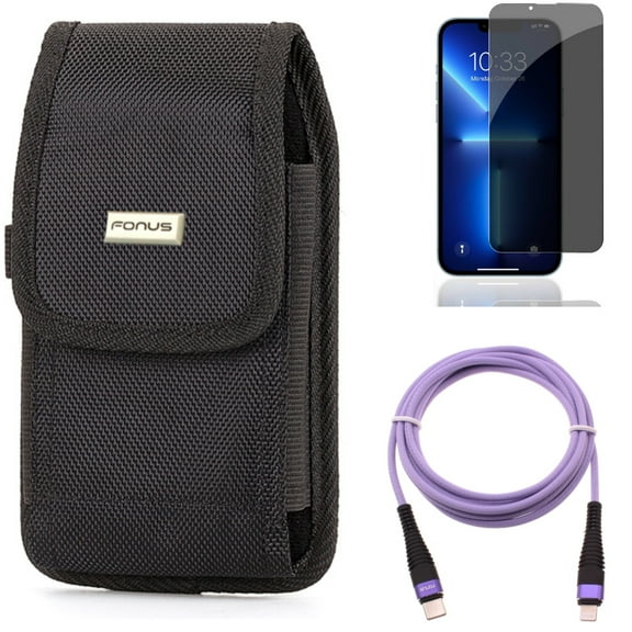 Case Belt Clip & Purple 10ft PD Cable & Privacy Screen Protector for iPhone 13/Pro ONLY - Rugged Holster Canvas   USB-C Extra Long Cord Fast Charger   Tempered Glass Curved Anti-Spy Combo
