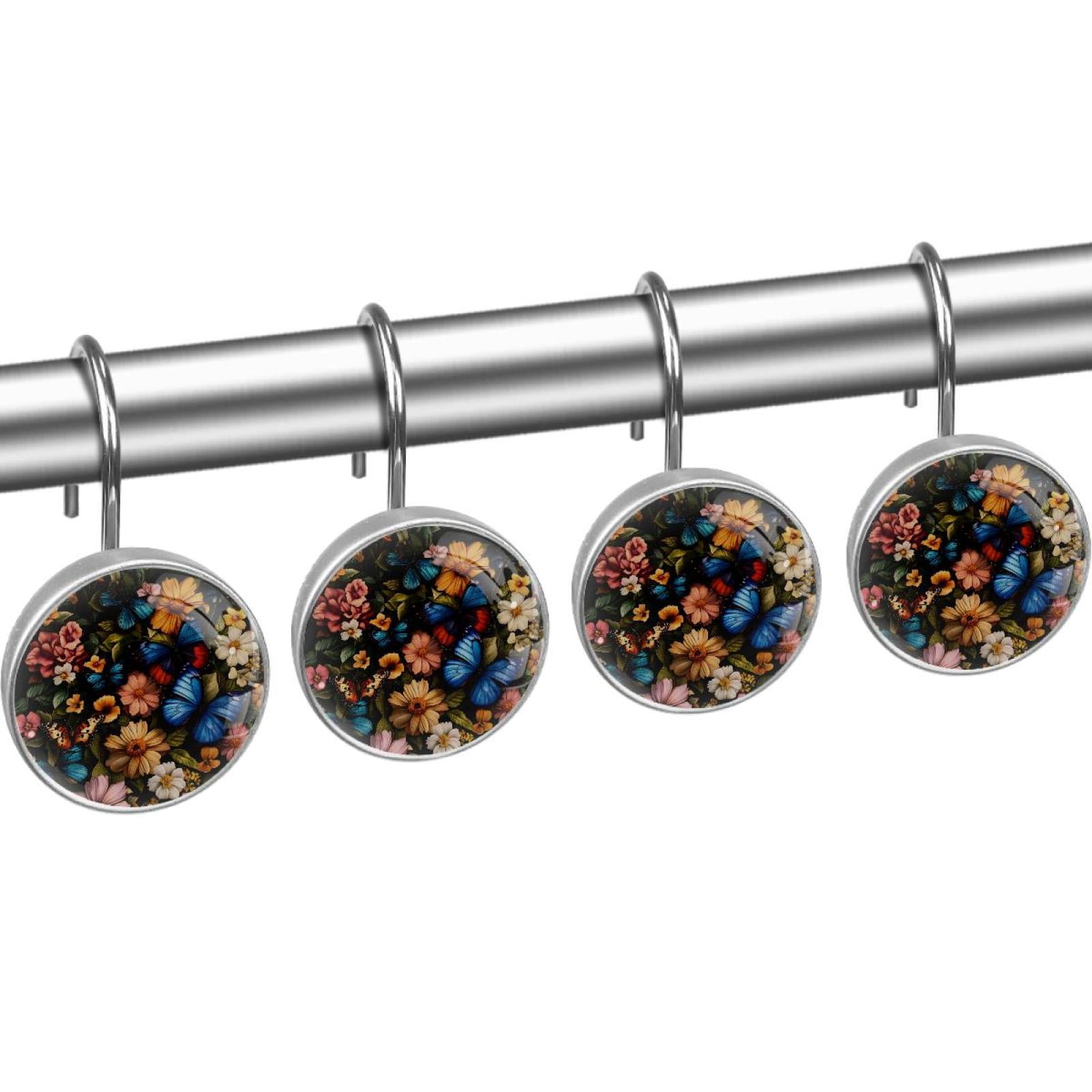 Blue Butterflies on Wildflowers Shower Curtain Hooks Round Crystal Glass, Set of 12 Shower Curtain Rings - Shower Hooks for Curtain Shower Rings