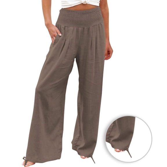 aohooy Pants Linen Women Palazzo Summer Boho Flowy Wide Leg High Waist Casual Lounge Pant 2026 Beach Travel Vacation Trousers Brown,S