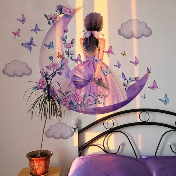 Butterfly Girl Wall Decals Purple Flower Wall Stickers Dreamy Butterfly and Moon Wall Art Decal Peel and Stick Fairy Princess Rose Floral Wallpaper Removable Clouds Wall Murals for Kids Bedroom Decor