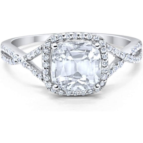 Divine Creation 925 Sterling Silver 2.00 Ct Cushion Cut White Diamond Wedding Engagement Halo Ring 14K White Gold Plated For Women's -7.5