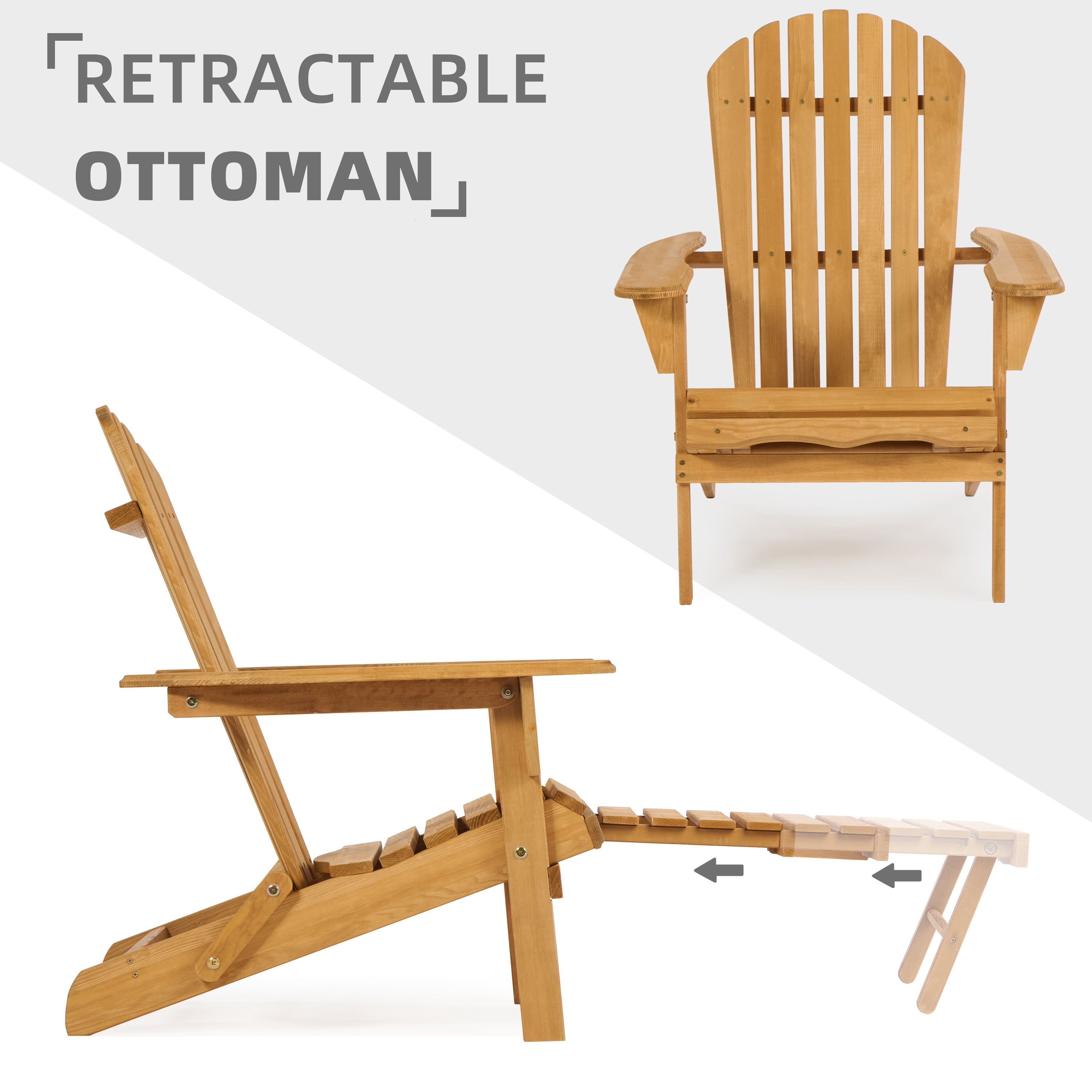 Outdoor Wooden Folding Adirondack Chair with Retractable Ottoman, Pre-Assembled BackRest & SeatBoard, Wood Patio Chair for Garden Backyard Porch Pool Deck Firepit