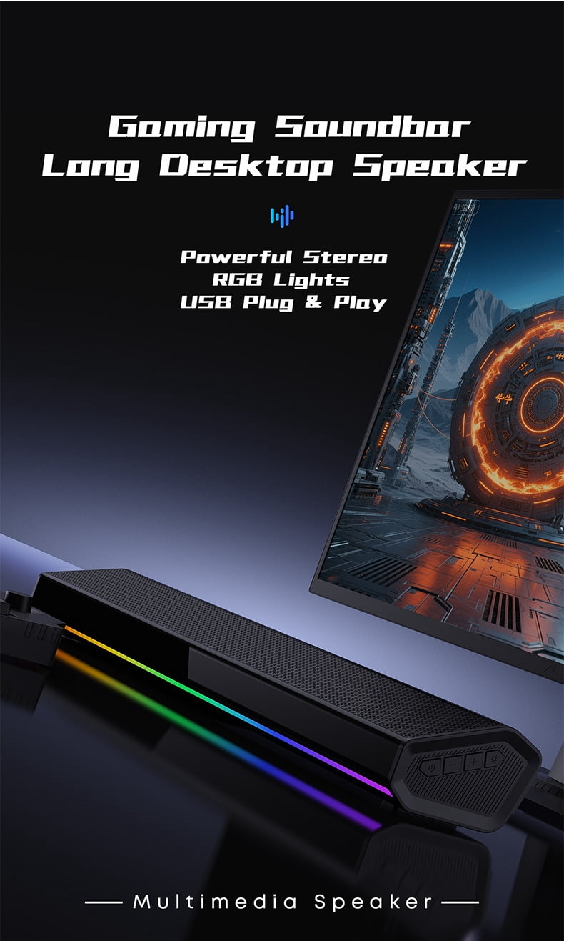 Computer Soundbar RGB Light Bar USB-C Dongle Desktop Bluetooth Speaker Wireless Subwoofer(Black)