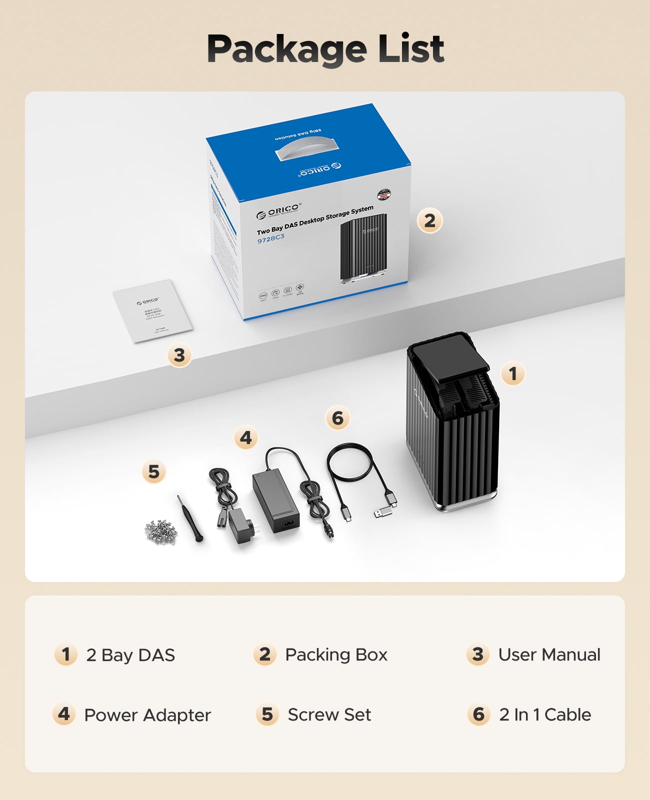 ORICO 2 Bay Hard Drive Enclosure with Cooling Fan for 2.5/3.5" SATA HDD/SSD with 2-in-1 USB C to C/A Cable, 3.5 Hard Drive Reader Supports 44TB Capacity, DAS(NO NAS)