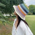 thumbnail image 5 of 56-58cm head circumference rainbow straw hat female summer sunscreen sunshade beach fisherman hat striped face covering hat, 5 of 5