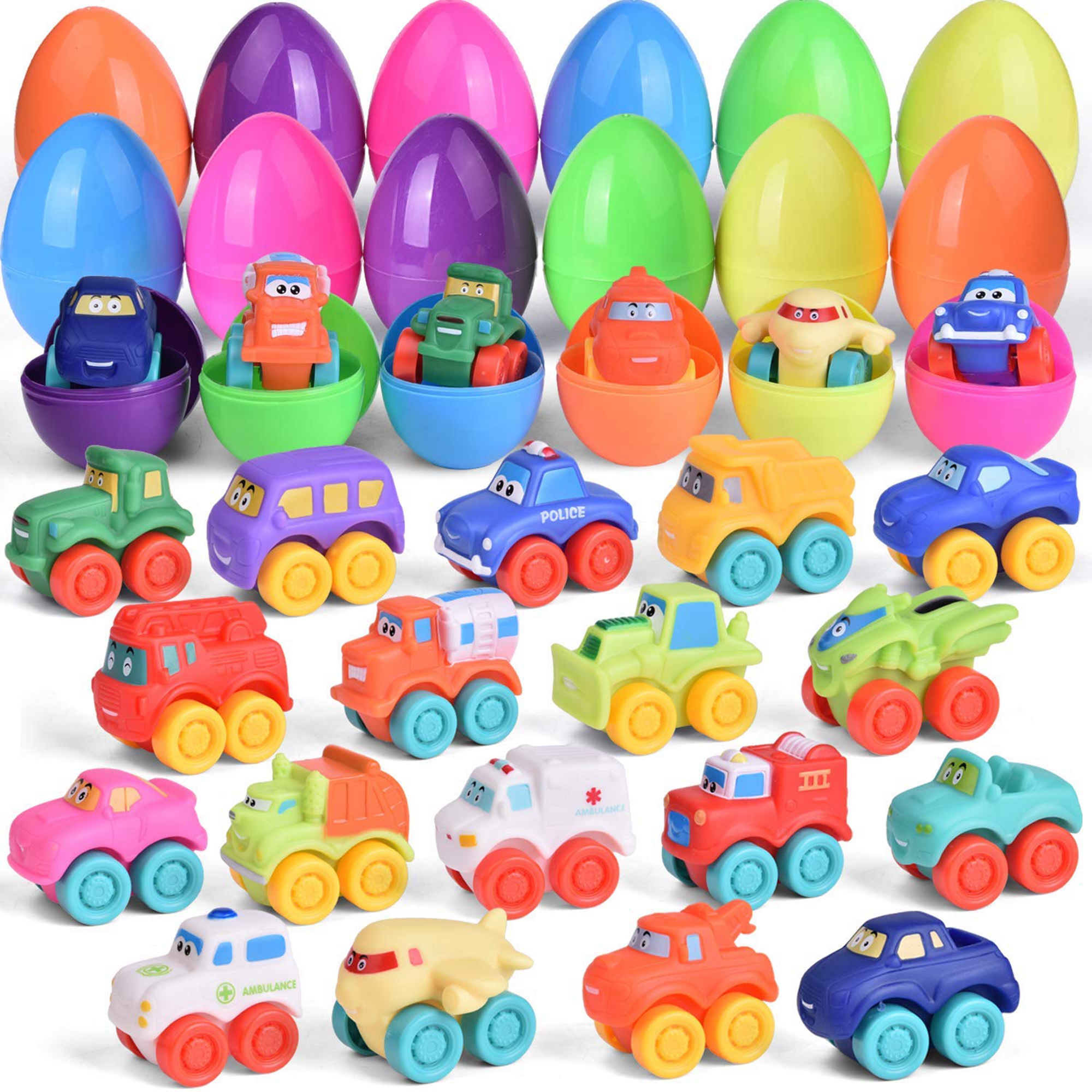18 Pcs Easter Eggs Prefilled with Baby Cars for Easter Basket Stuffers, Soft Rubber Toy Vehicles for Baby Easter Gifts F-551 - image 2 of 4