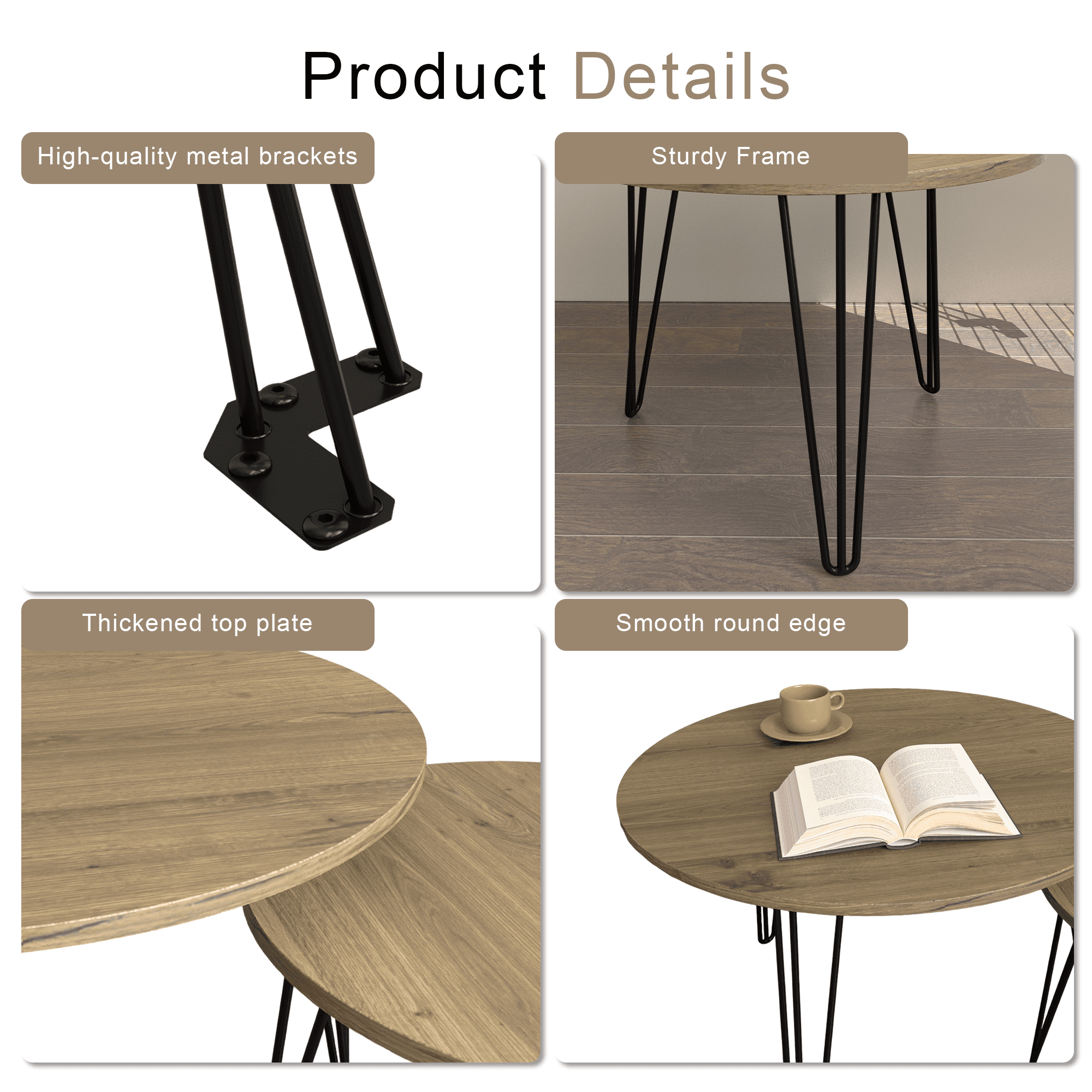 Yoneston 27.56" Round Nesting Coffee Table Set of 2, Wooden Tabletop End Table with Sturdy Metal Legs for Living Room Bedroom, Brown