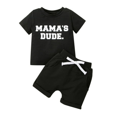 

Miluxas Clearance Toddler Kids Baby Boys Fashion Cute Short Sleeve Cartoon Letter Print Casual Pocket Shorts Suit Black 18-24Months