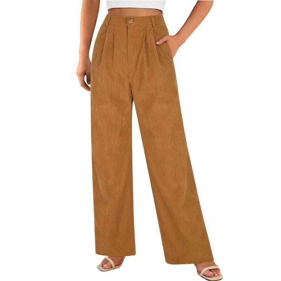 Rutainlusire Women's Trendy High Waisted Pleated Corduroy Wide Leg Pants Women's Elastic High Waist Washed Wide Leg Straight Jeans Casual Denim Long Trousers