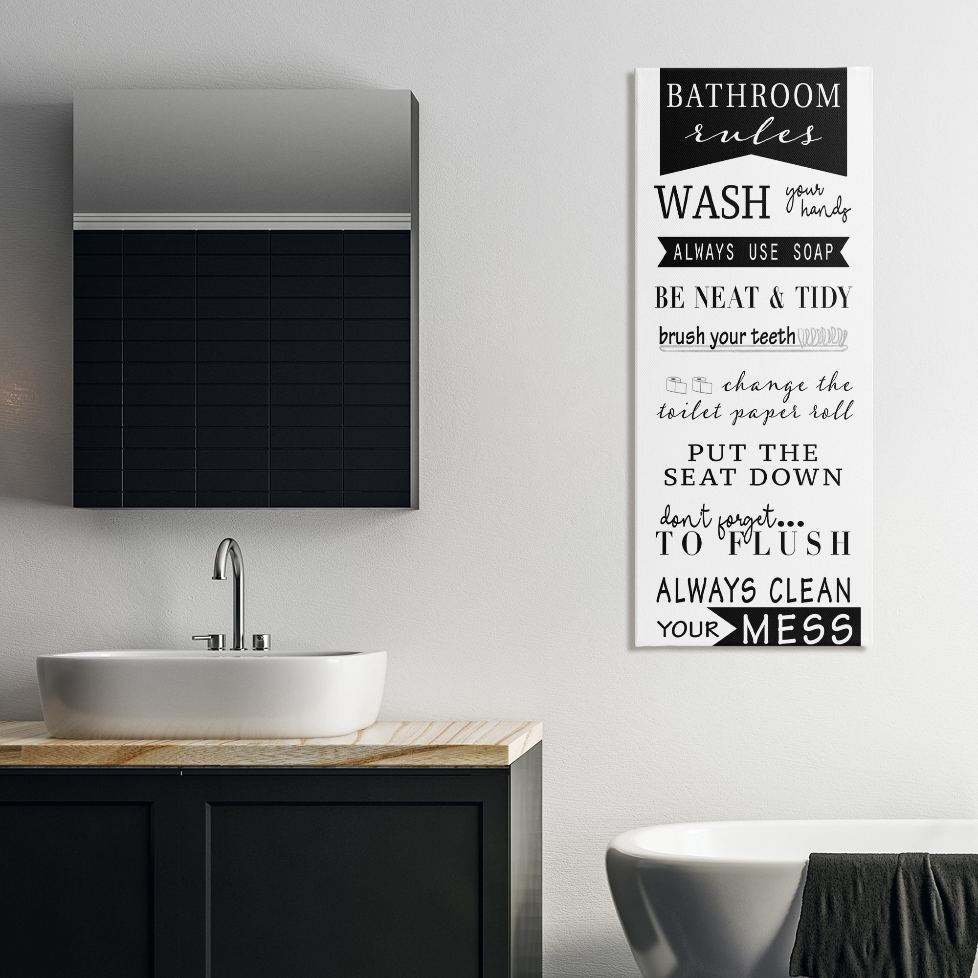 Stupell Industries Black Bathroom Rules Typography Painting Gallery Wrapped Canvas Art Print Wall Art, 20 x 48
