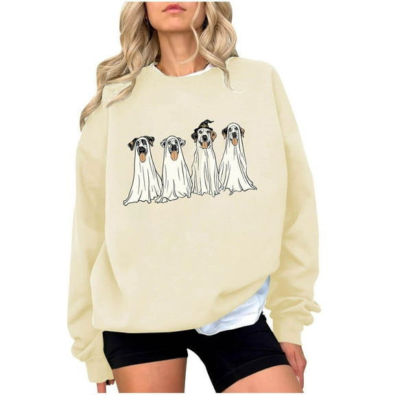 Lcziwo Ghost Sweatshirt Women Crew Neck Spooky Graphic Cute Sweater Happy Halloween Spooky Season Tops Long Sleeve Casual Fashion 2025 Pullover Beige,S