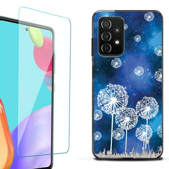 Slim-Fit Flexible TPU Gel Phone Case (black) for Samsung Galaxy A52 5G, with Tempered Glass Screen Protector, by OneToughShield ® - Dandelion Stars