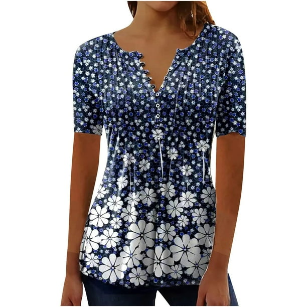 Blusas Umfun de manga corta para mujer, cuello en V, botones, camisa informal, blusa plisada estampada, azul, talla M