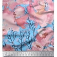 thumbnail image 1 of Soimoi Blue Japan Crepe Satin Fabric Branch & Peach Flower Watercolor Print Fabric by Yard 42 Inch Wide, 1 of 3