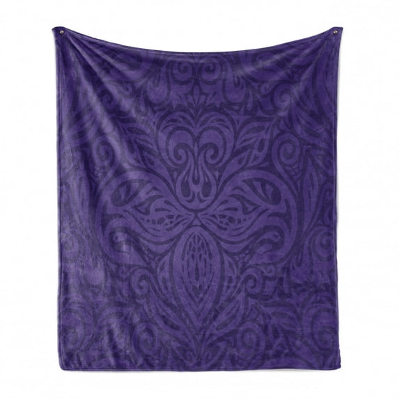 Dark Purple Soft Flannel Fleece Blanket, Floral Motifs Print in a Vintage Style Fine Art Strokes and Curves Ornamental, Cozy Plush for Indoor and Outdoor Use, 70" x 90", Dark Indigo, by Ambesonne
