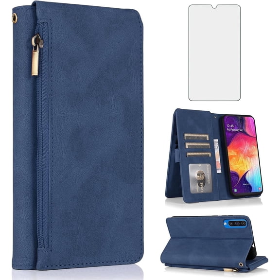 Asuwish Wallet Kickstand Hard Shell Cell Phone Case with Tempered Glass Screen Protector for Samsung Galaxy A50 / A50s / A30s, Blue