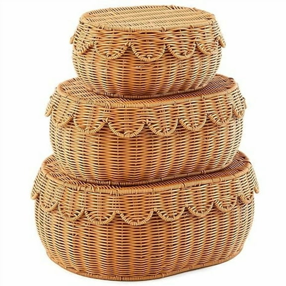3 Pcs Scalloped Basket, Hand Woven Rattan Basket Set Round Wicker Basket with Lid 18 x 14 x 6 In Wicker Storage Basket for Storage Nursery, Baby, Clothes, Toys Bathroom Decor (S M L)