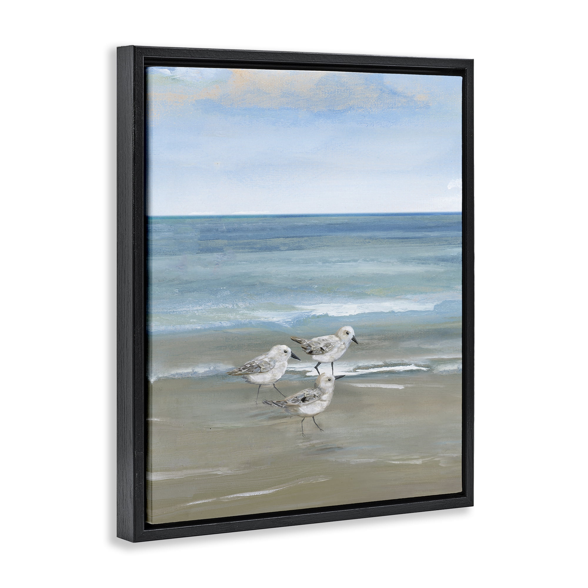 Stupell Industries Three Shorebirds & Gentle Waves Black Framed Floater Canvas Wall Art, design by Nan