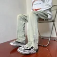 thumbnail image 2 of Pantalones con cremallera para hombre, estilo punk, vaqueros acampanados con corte acampanado para hombre, con aberturas, algodón apilado, tendencia Kpop 2024, moda Xs Harajuku, 2 of 5