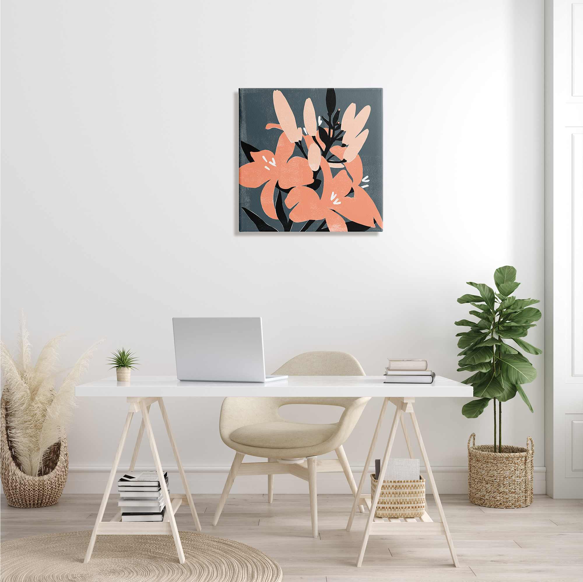 Stupell Industries Tropical Pop Pink Lilies Dark Neutral Floral Branches Botanical & Floral Painting Gallery Wrapped Canvas Print Wall Art, 24 x 24