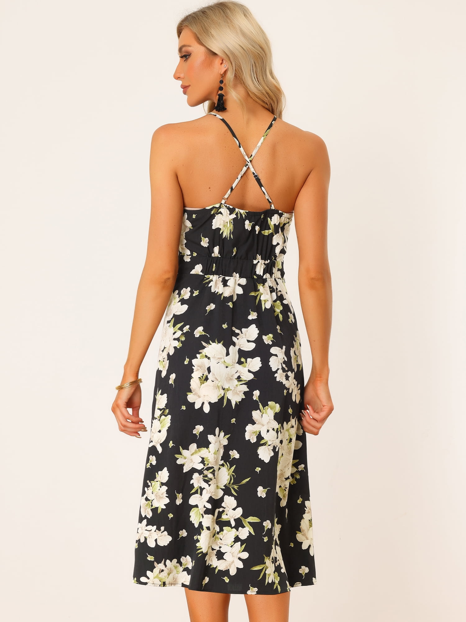 DARING DIVA Women's Boho Floral Split Sleeveless Halter Neck Dresses M Black