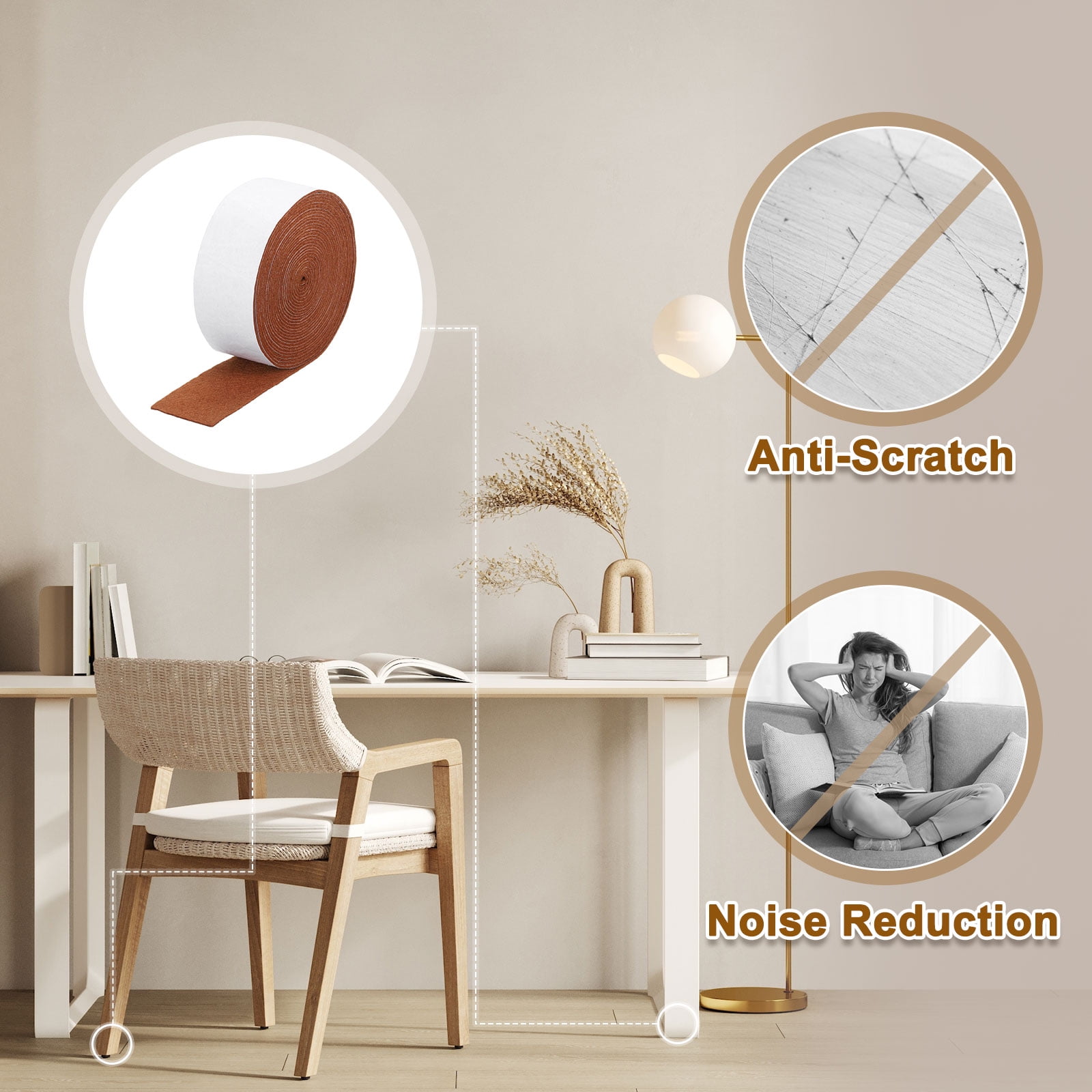 Felt Strips with Adhesive Backing, 2 Pack 1-4/7" x 197" x 0.06" Adhesive Felt Strips Anti Scratch Furniture Felt Tapes Self-Stick Felt Pads for Protecting Hardwood Floor, Brown