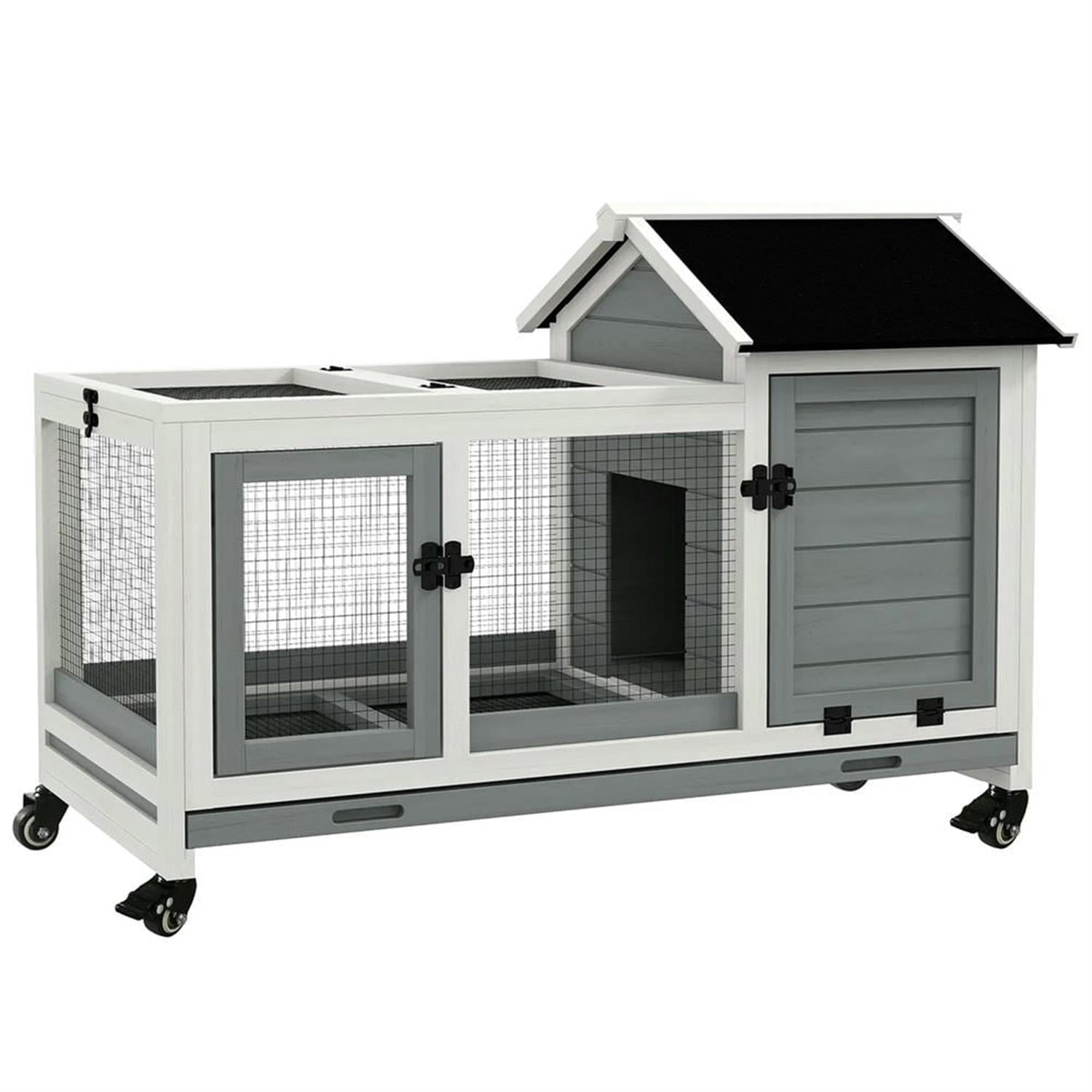 Kadyn 42.5" Wooden Rabbit Hutch with Wheels and Slide-out Tray, Outdoor Small Animal Habitat Enclosure Bunny Cage for Bunnies, Guinea Pigs, Gray