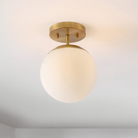 JONATHAN Y Marcel Bistro 7.75" 1-Light Bohemian Farmhouse Iron/Frosted Glass LED Semi Flush Mount, Brass Gold/White, JYL7499A