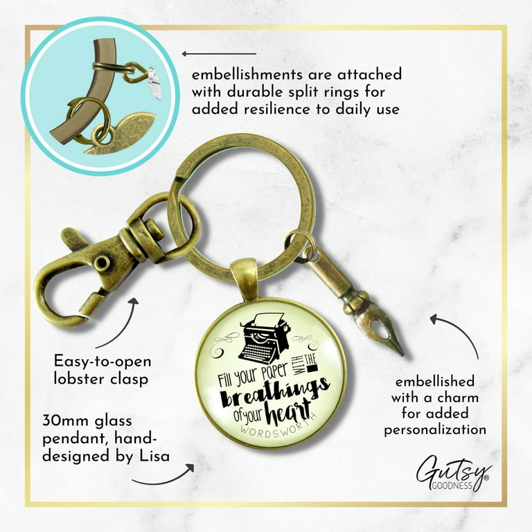 Writing Gutsy Goodness Bronze Keychain Fill Your Paper Style Woodsworth Literary Quote Typewriter Gift