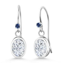 Gem Stone King 925 Sterling Silver White Moissanite and Blue Created Sapphire French Wire Earrings for Women (1.82 Cttw, Gemstone, Oval 7X5MM, Round 1.25MM)
