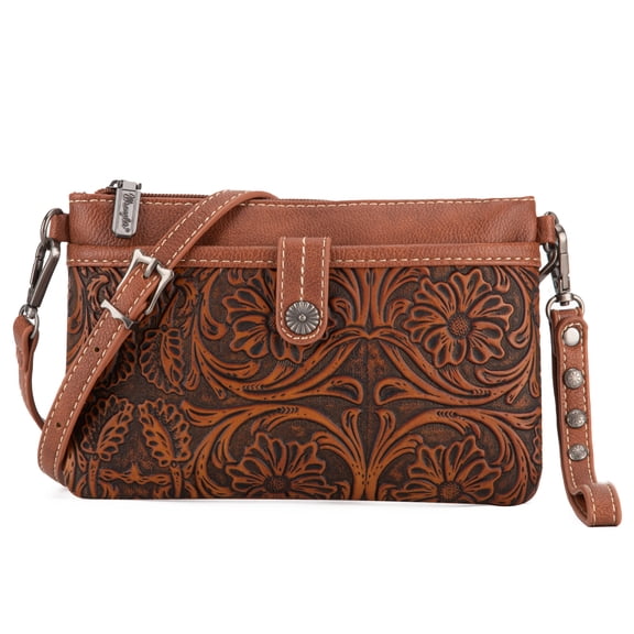 Wrangler Clutch Wristlet Purse Western Crossbody Bags for Women, Tooling-Brown