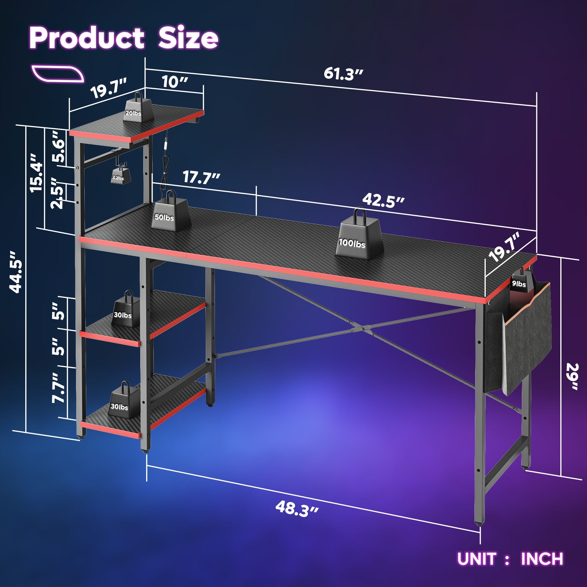 Bestier 61" Reversible Gaming Desk with PC Shelf Computer Desk with LED Light  Carbon Fiber