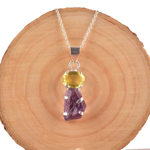 GEMSLOGY Natural Real Amethyst and Lemon Quartz Crystals Bezel Pendant Necklace, Birthstone, Double Gemstone, Healing Gemstone, Birthday, Gift Jewelry, Occasion Wear, Gift for Her (amethyst-lemon)
