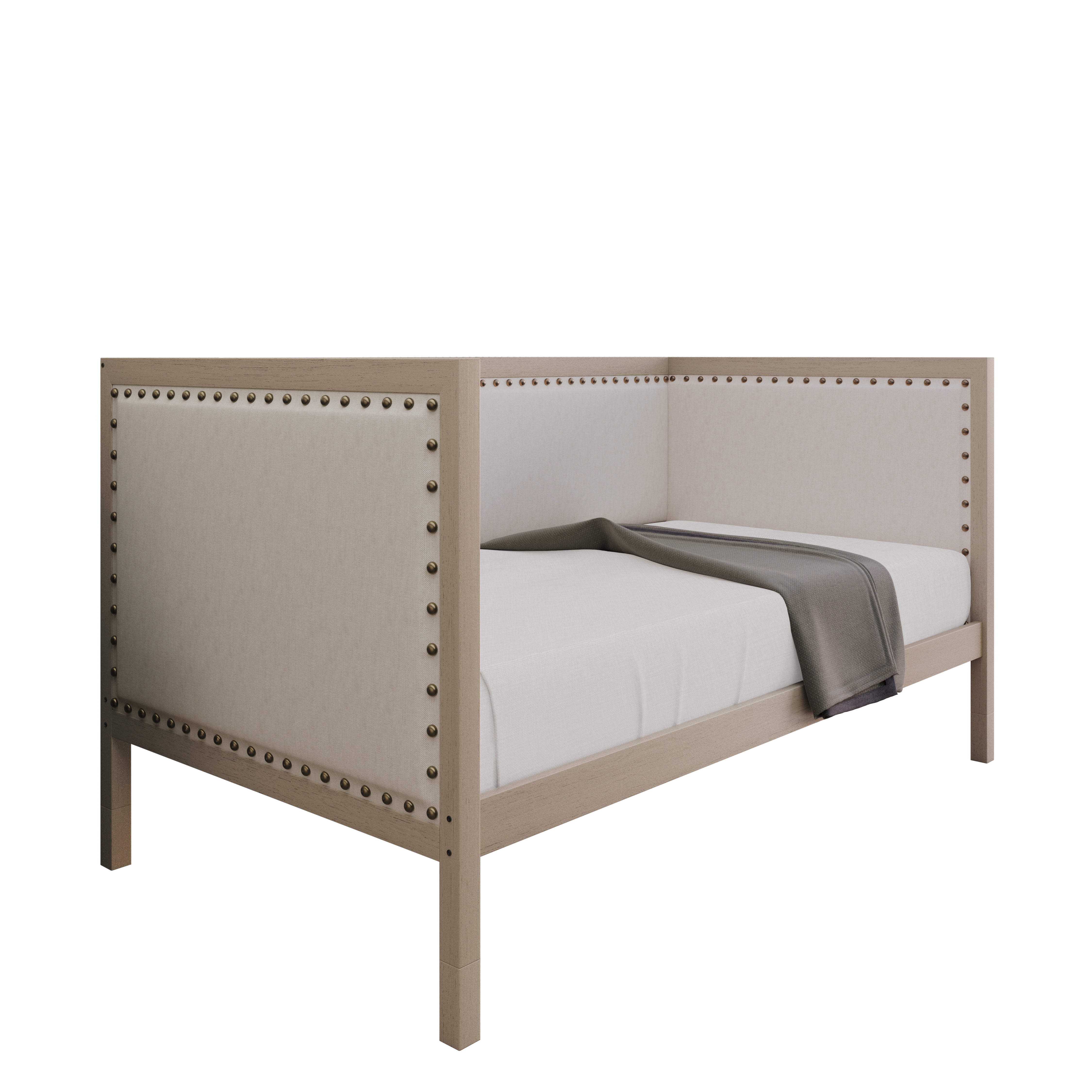 Home Design Cairo Twin Daybed with Upholstered Frame, Plush Foam Padding, Brass Nailhead Trim, Durable Construction, Stylish Seating and Sleeping Solution, Gray/Warm Gray
