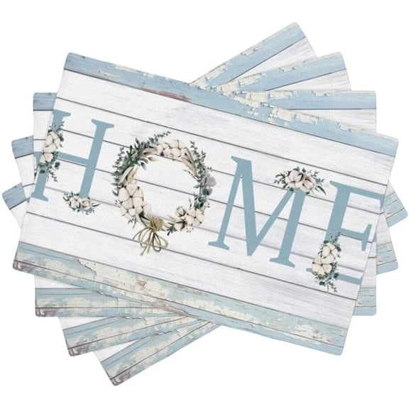 Rustic Farmhouse Placemats, Vintage Country Blue Wooden Cotton Wreath Green Eucalyptus Leaves Print Table Place Mats for Kitchen Dining Table Decoration, 12x18 Inch, 4PCS