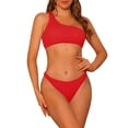 thumbnail image 1 of Conjuntos de bikini de un solo hombro para mujer, 2 piezas, parte inferior triangular asimétrica con canalé, trajes de baño deportivos grandes en rojo, 1 of 5