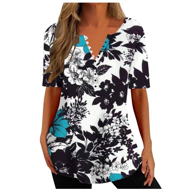 DPTALR Femmes Été V-neck Print Casual Ample Top Manches Courtes V-neck Buttons Tops