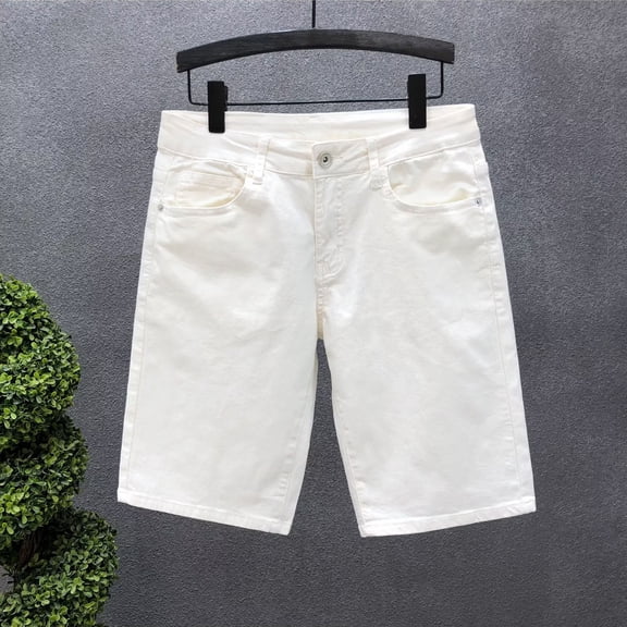 Adeawade Mens Slim Stretch Denim Shorts Elastic Waist Button Short With Pocket And Zipper Solid Color Sweatpants Trend Trousers L White
