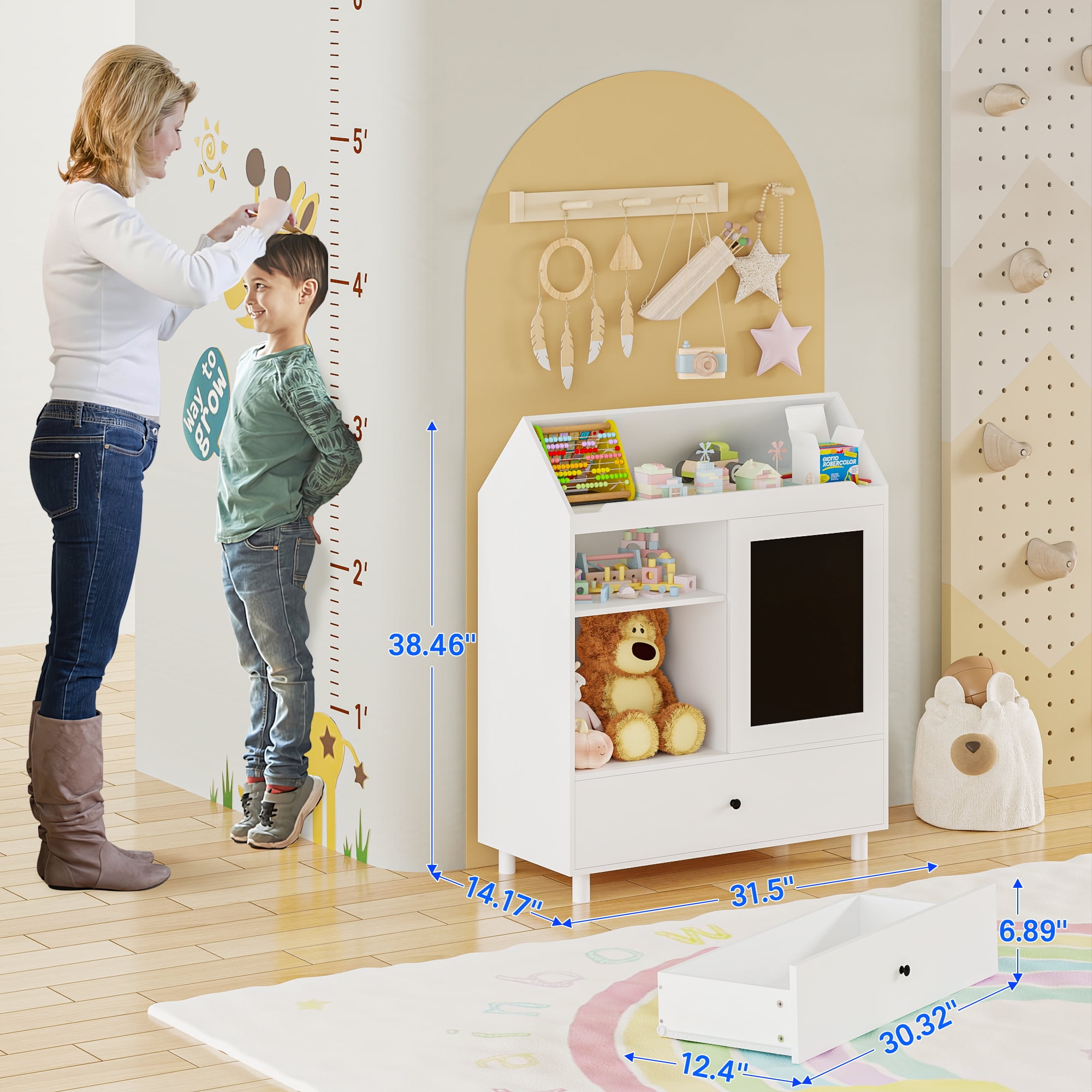 Yoneston Kids Bookcase with Magnetic Blackboard & Storage Drawer, Toddler Toy Organizer Cabinet with Reading Top Area for Playroom Classroom Nursery, White