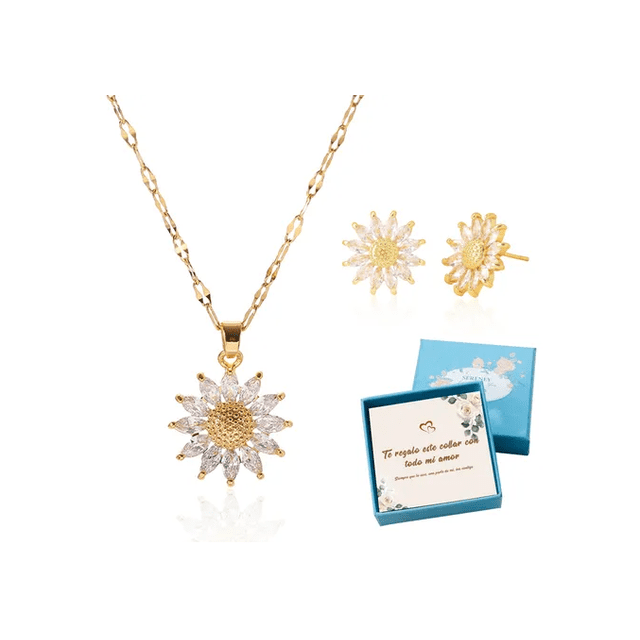 Collar Y Aretes Girasol Dije Regalo Caja Oro 18k Mujer Joyas Xtellar dorado