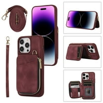 Crossbody Wallet Case for iPhone 13 Pro Max, Zipper Pocket Case with Card Holder, PU Leather Protective Cover Case with Kickstand Detachable Wrist Strap Lanyard for 6.7", Winered