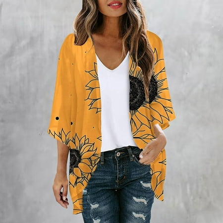 Zunfeo Kimonos for Women Summer Beach Cover Ups for Swimwear Floral Boho Lightweight Cardigans New Arrivals Yellow M
