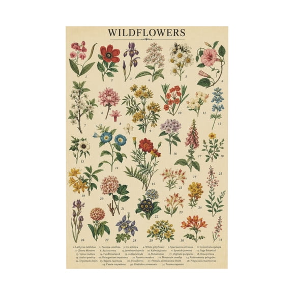 Vintage Wildflowers Botanical Canvas Wall Art Rustic Floral Chart Print for Living Room Office Bedroom Decor 12*18in