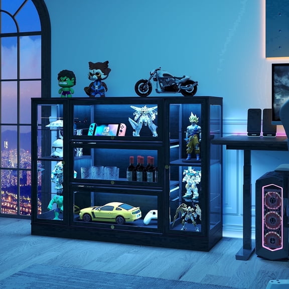 HMstone Display Cabinet with Acrylic Glass Doors, Extra Wide Curio Display Case with LED Lights, 56" W x 42" H Storage Cabinet for Collectibles, Books, Black