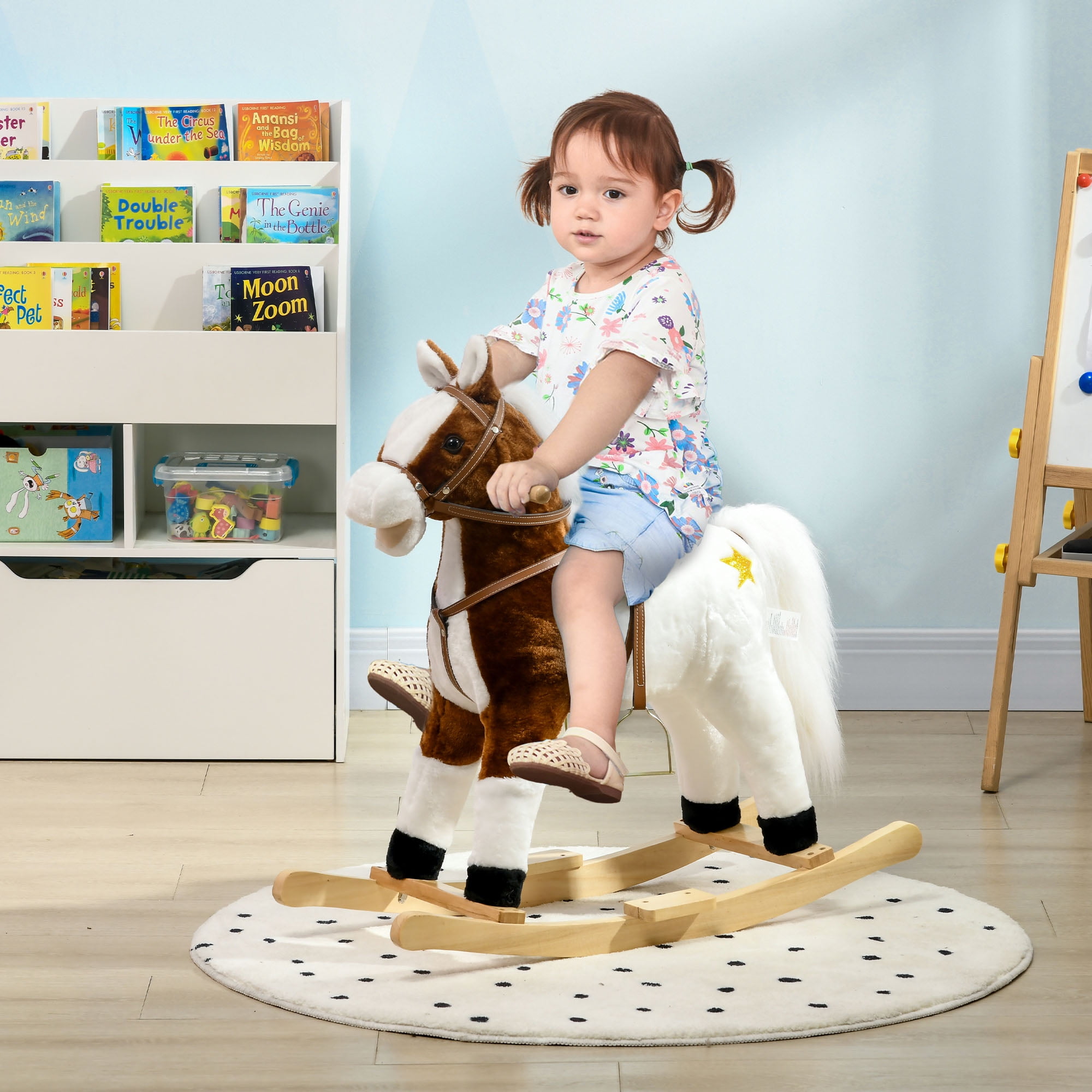 Qaba Rocking Horse with Sound,Ride On Horse with Saddle,Toddler Rocker,Gift for 3-8 Year Old,Brown,Brown Plush Toys Kids Bikes Riding Toys