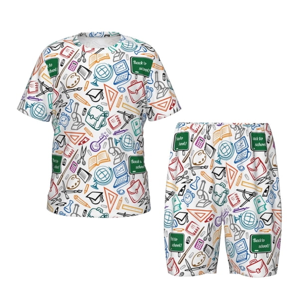 Fotbe Back To School Pijama Estampada de 2 Piezas para Niños – Ropa de Dormir de Manga Corta Cómoda para Niños y Niñas, Camiseta y Shorts de Algodón-3X-Large
