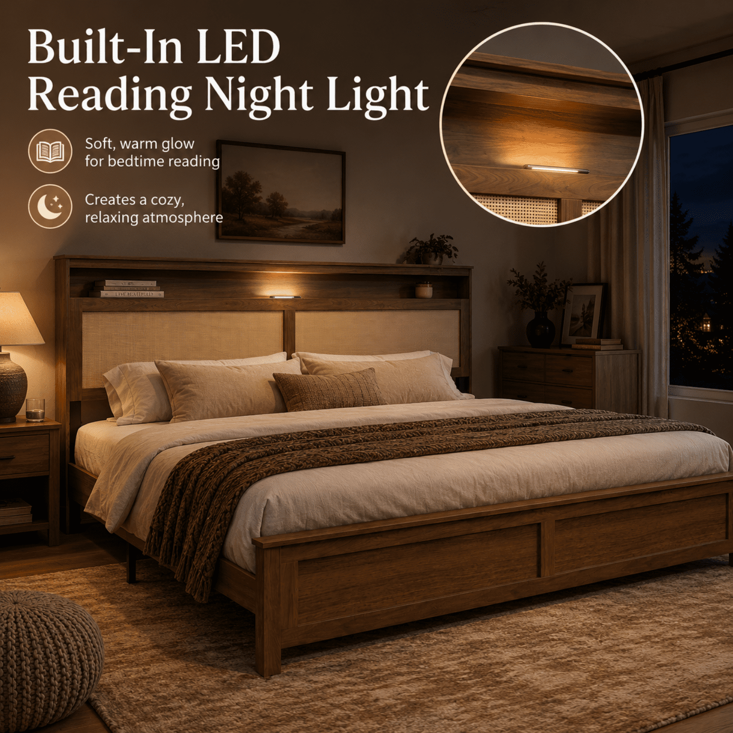 Miniyam King Bed Frame with Storage Headboard, LED Light and Charging Station, Cane-Inspired Platform Bed, Brown