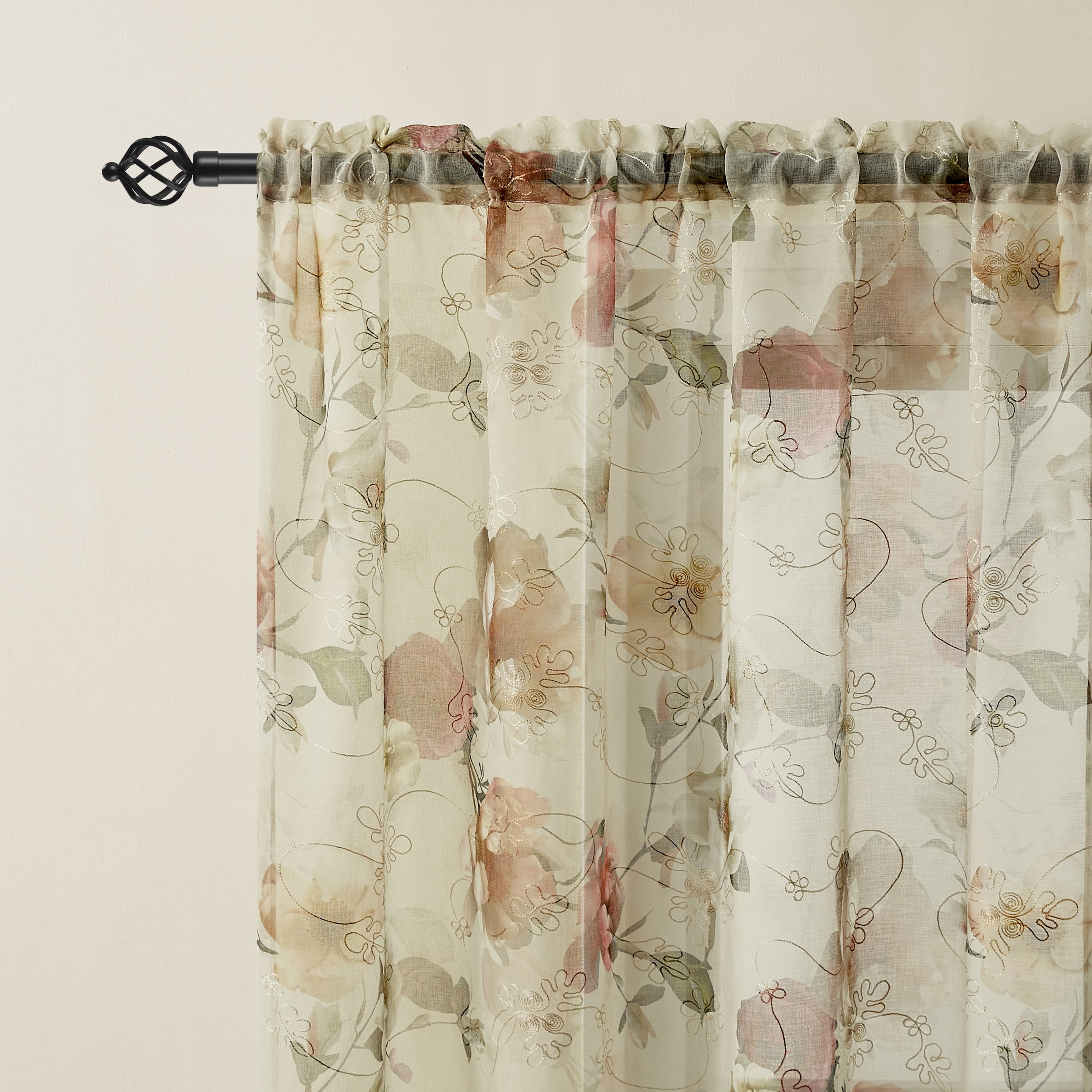 Muuphra Floral Printed&Embroidered Sheer Curtain Rod Pocket Voile curtain for Bedroom Livingroom,2 Panels,Red,52×63"